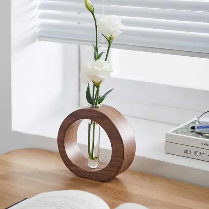 Vase en bois de noyer rond pour tubes à essai – Pot hydroponique minimaliste