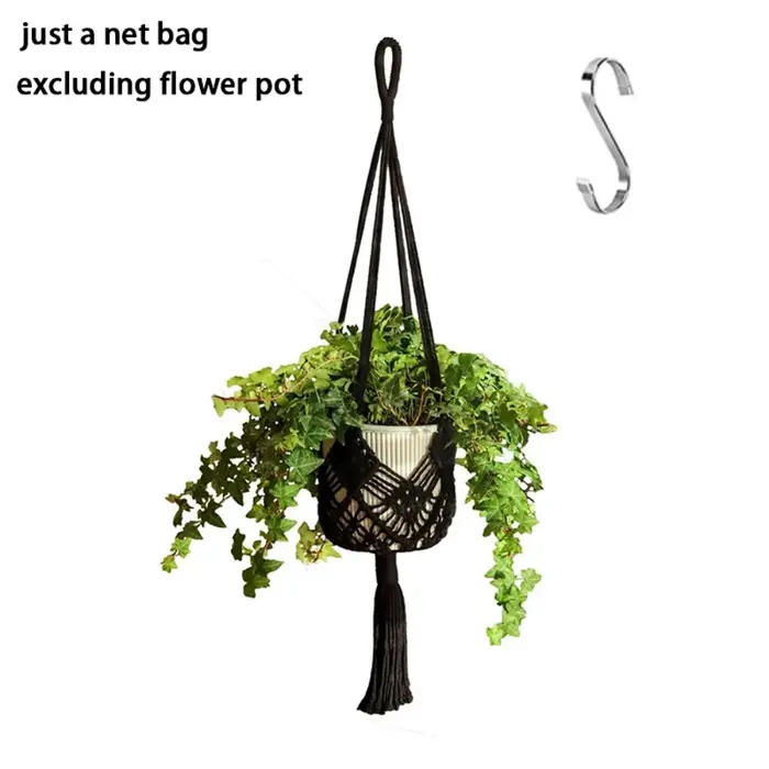 Porte-plante bohème en corde de coton tressée, panier suspendu en macramé avec pochette en filet, po