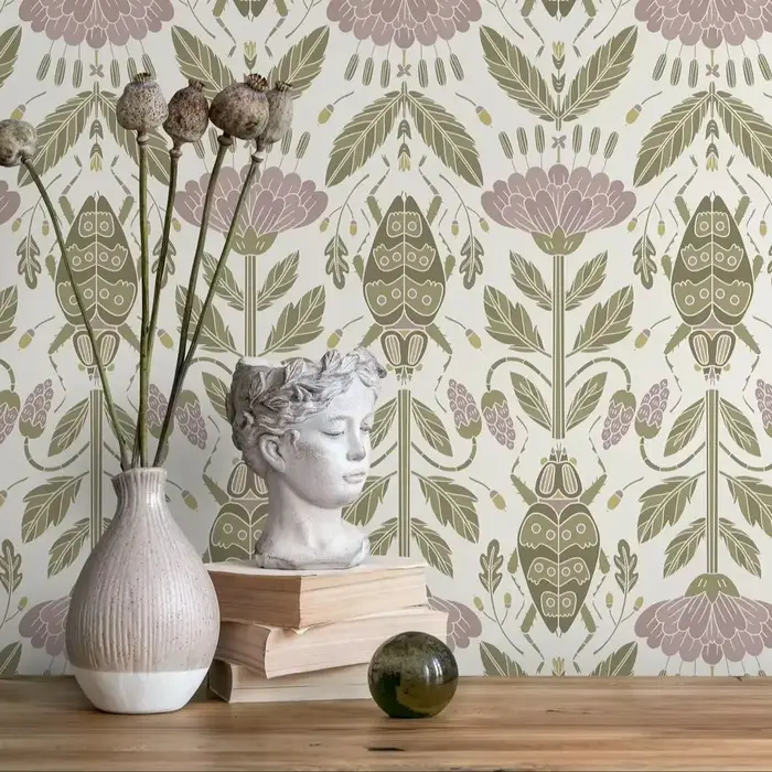Papier peint Floral rose et coccinelle
