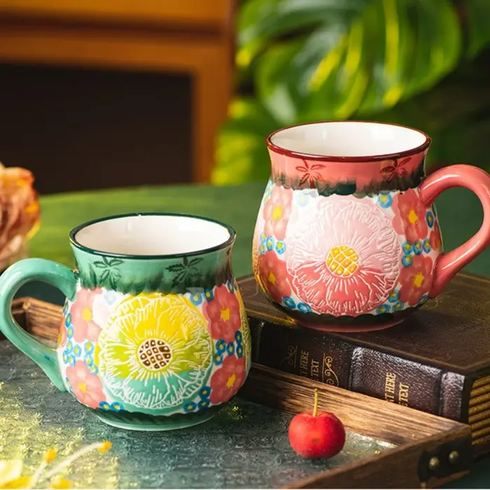 Tasse en céramique à fleurs Vintage faite à la main, Design créatif café lait petit déjeuner tasse pour bureau maison rétro thé tasse d'eau 2025 nouveau