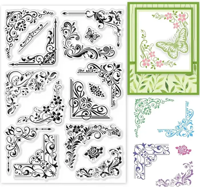Timbres transparents en dentelle de fleurs, coin de bordure de papillon, sceaux transparents en Sili