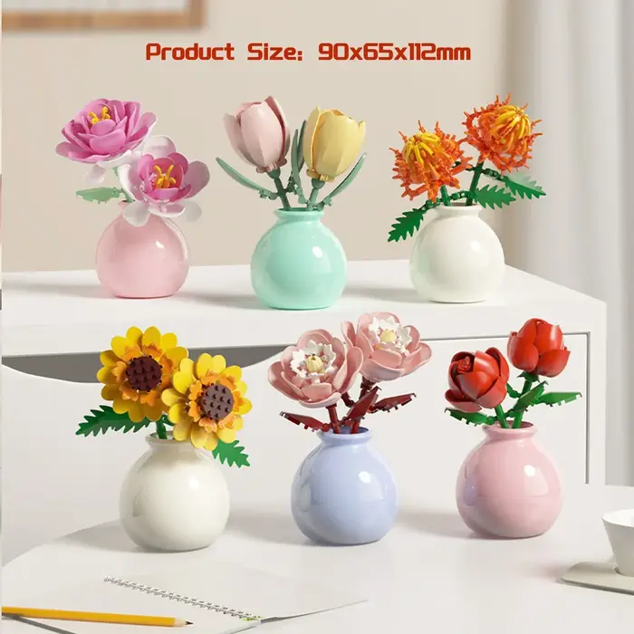 Mini Rose tulipe tournesol pivoine fleur avec Vase modèle Micro blocs de construction bricolage maison bureau plante décor brique filles cadeau enfant jouets
