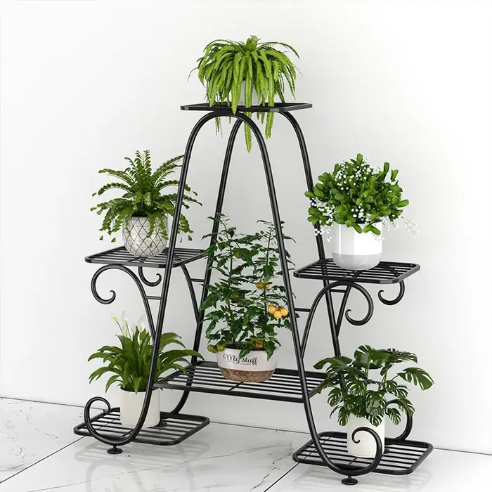 Support de fleurs en fer forgé, support de pot de fleur domestique mobile multicouche du sol au plafond