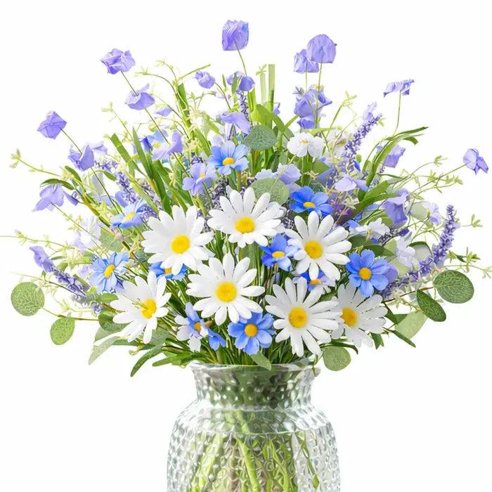 Fleurs artificielles de printemps rustiques bleues et blanches en soie