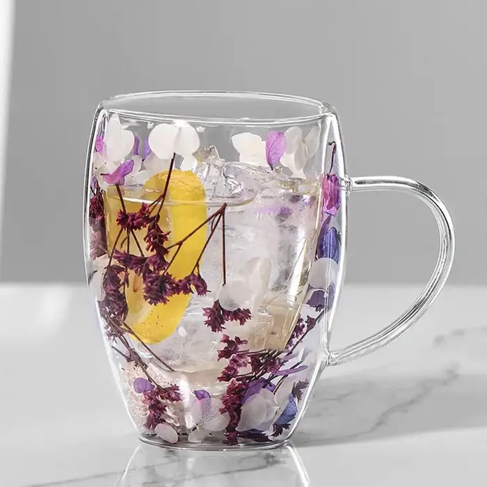 Tasse à café à double paroi de fleurs séchées, tasses en verre de fleurs séchées, tasse de fleurs cr