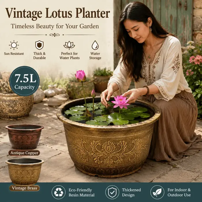 Pot de fleurs en résine en forme de lotus, grande capacité de 7,5 L, réservoir d'eau, hauteur de 19 cm, couleur cuivre bronze, style rétro, pour usage intérieur.