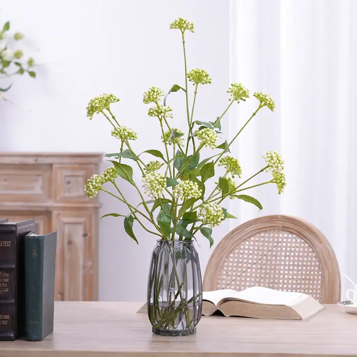 X1015 Branche Artificielle Plante Verte Chrysanthème Fleur Blanche Décoration de Table Maison Vase Composition Florale
