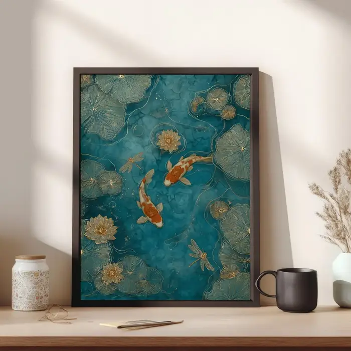 Art mural élégant avec poissons koï – Décoration de bassin vert émeraude