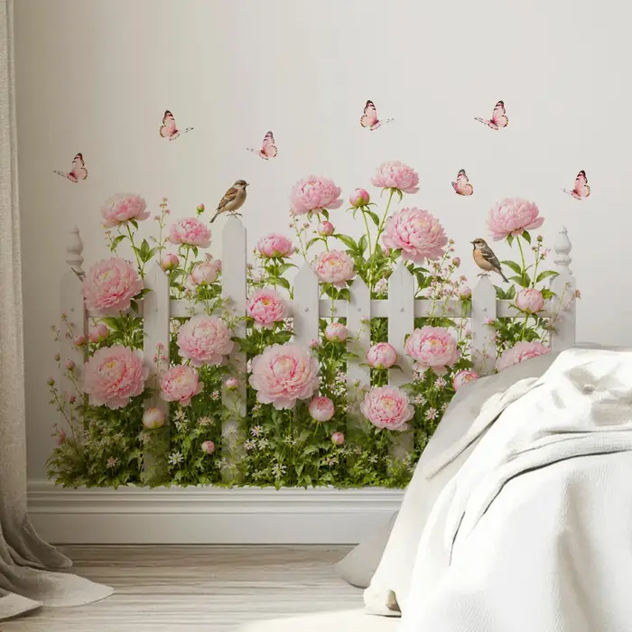 Papier peint mural floral 3D pivoine rose, papier peint vintage clôture en bois blanc, décoration mu