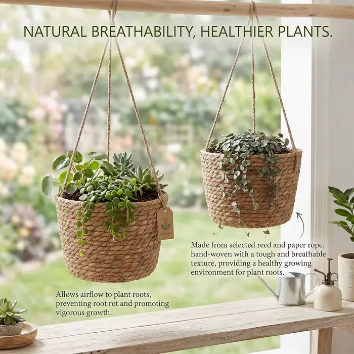 Pot de fleurs suspendu en paille pour balcon