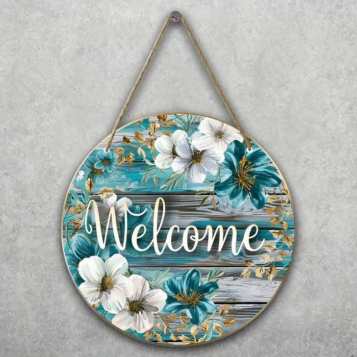 Charmant panneau de bienvenue rond en bois de 7,87 pouces avec motif floral aquarelle adapté aux cou