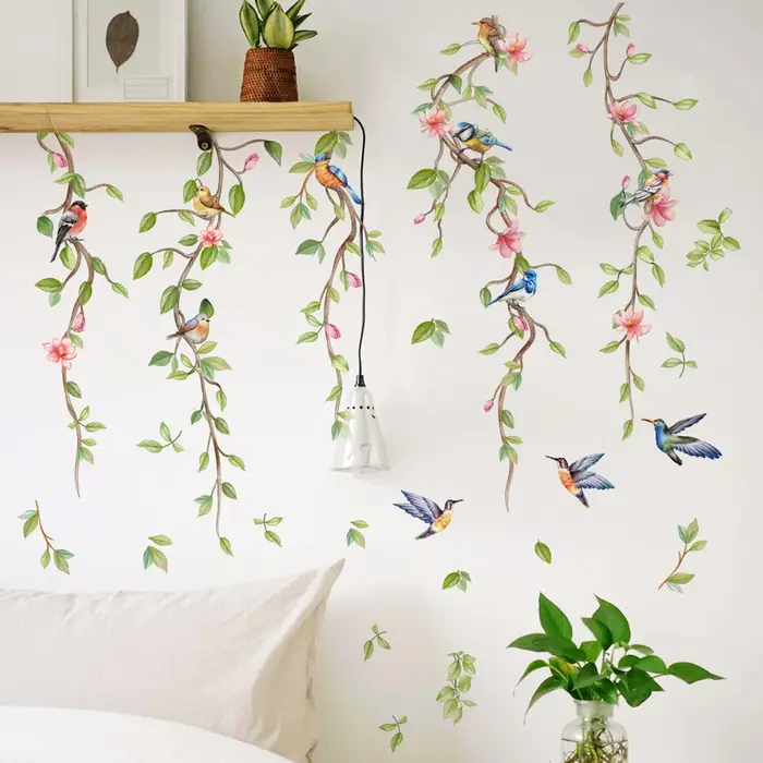 Autocollant mural Branches fleurs oiseaux, sparadrap de décoration de fond de salon, décoration de c
