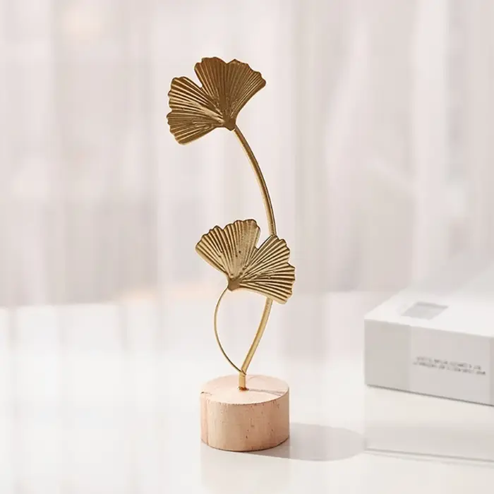 Feuille de Ginkgo métallique dorée, modèle de plume, ornement artisanal de bureau, accessoire Photo, décoration de salon de maison