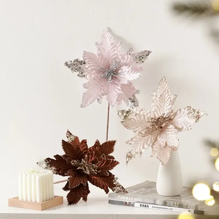 25 cm noël Poinsettia paillettes fleur grand flocage artificiel
