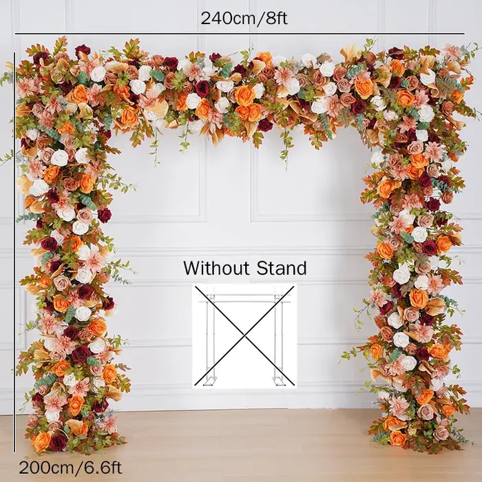Automne Orange Rose Dahlia feuilles d'érable Arrangement de rangées florales toile de fond de mariage cadre en arc décor fête événement scène support de fleurs