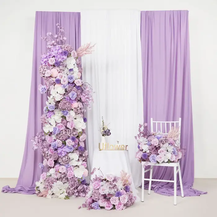 Décoration florale de luxe Uflower : Arche de mariage en roses artificielles violettes, arrangements pour scène de fête et accessoires en panneau KT