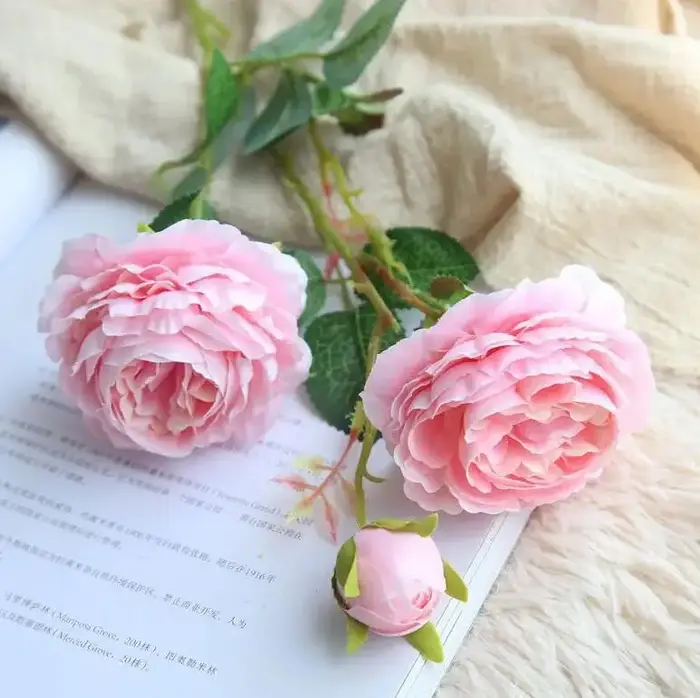 YO CHO Blanc Rose Pivoines Fleur Artificielle Bouquet De Fleurs En Soie 3 Têtes