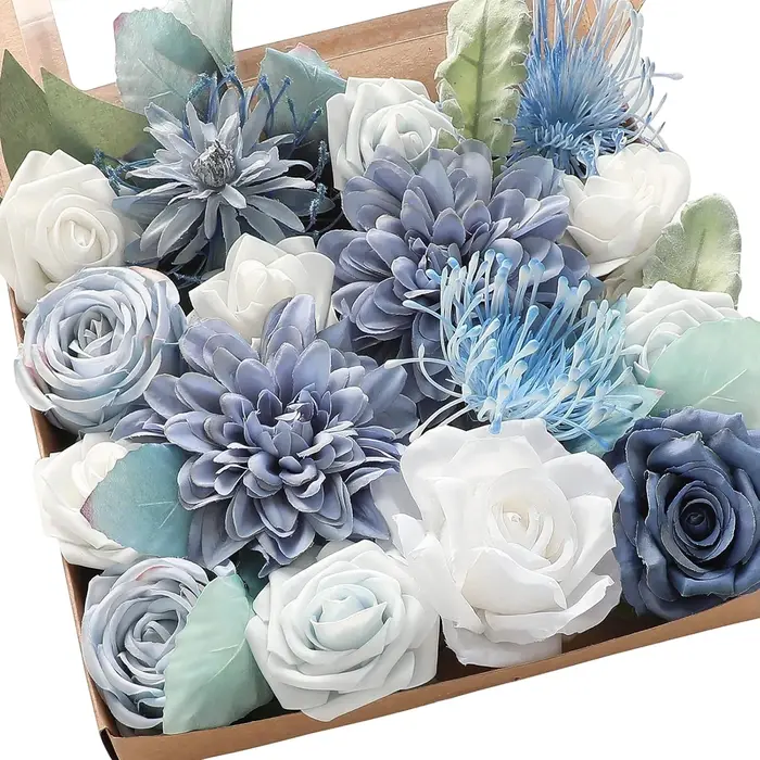 AUSOGO – Coffret de fleurs artificielles bleu poudré, roses, dahlias et verdure pour bouquets de mar