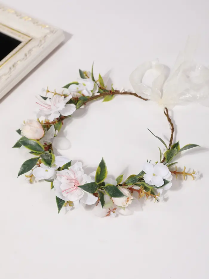 Couronne de fleurs artificielles bleues fraîches, couronne de mariée avec nœud en ruban transparent,