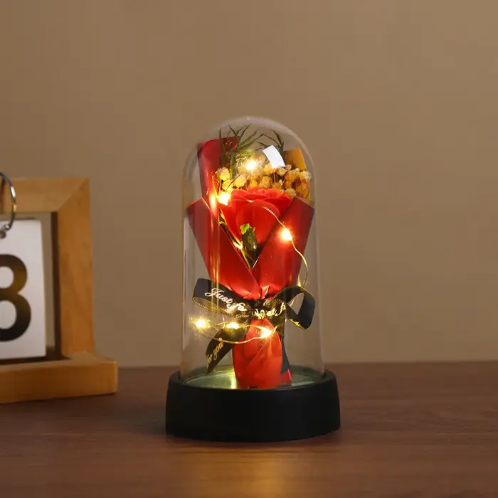 Lumière LED Tournesol avec Couvercle en Acrylique Élégant, Ornement Rose Éternelle, Décoration Flora
