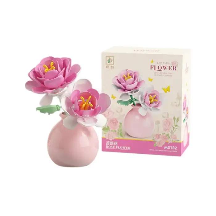 Mini Rose tulipe tournesol pivoine fleur avec Vase modèle Micro blocs de construction bricolage maison bureau plante décor brique filles cadeau enfant jouets