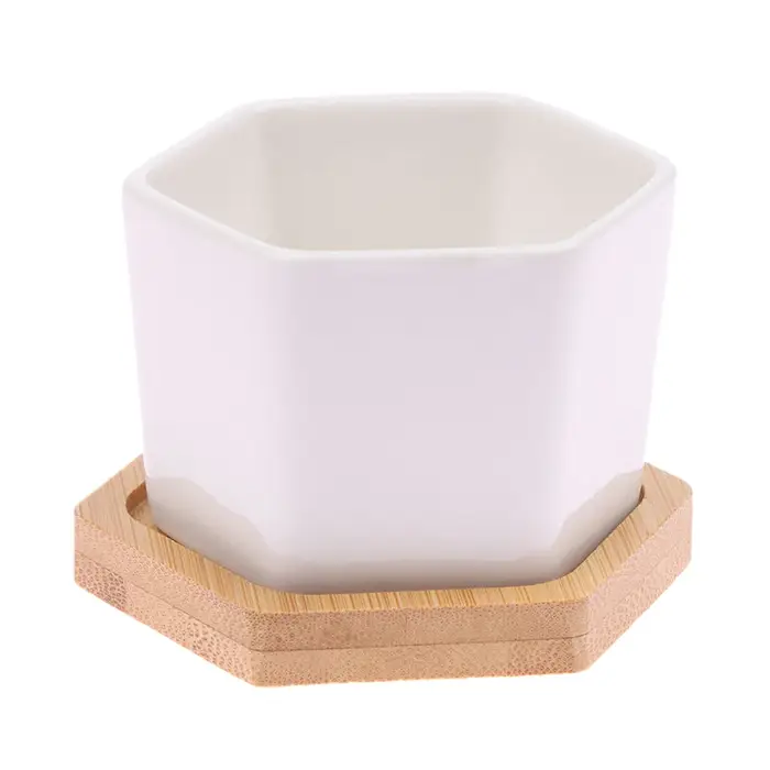 Pot de fleurs en céramique blanc hexagonal avec plateau