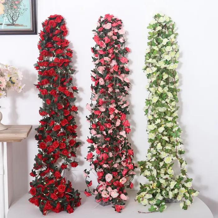 Rose LED lumières chaîne fleurs artificielles feuilles de lierre guirlande de mariage maison chambre décoration arc suspendu mur jardin fête décor