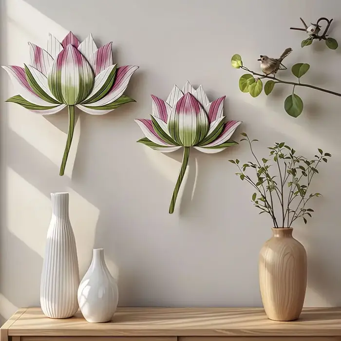2 pièces Décoration murale en bois de fleur de lotus naturelle, Art mural floral élégant pour chambr