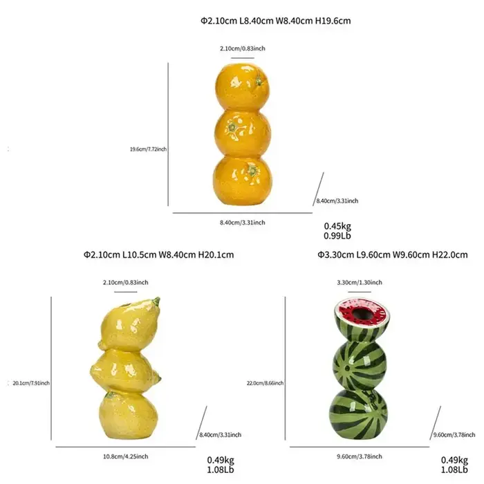 Vase décoratif en céramique en forme de fruit de dessin animé (orange, citron, pastèque), fait main, unique, pour arrangement floral.