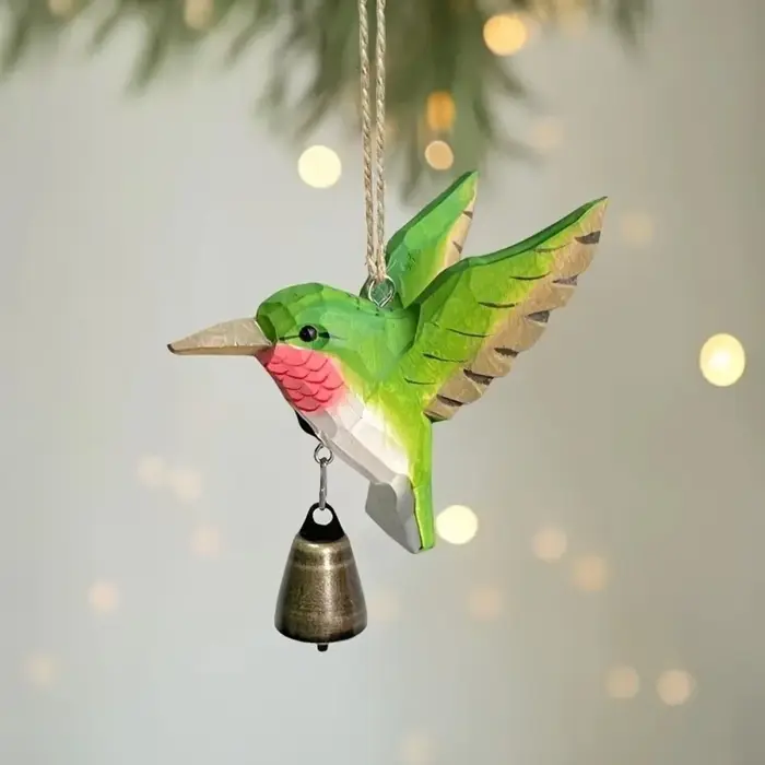 Figurine d'oiseau colibri sculptée à la main en bois avec clochette