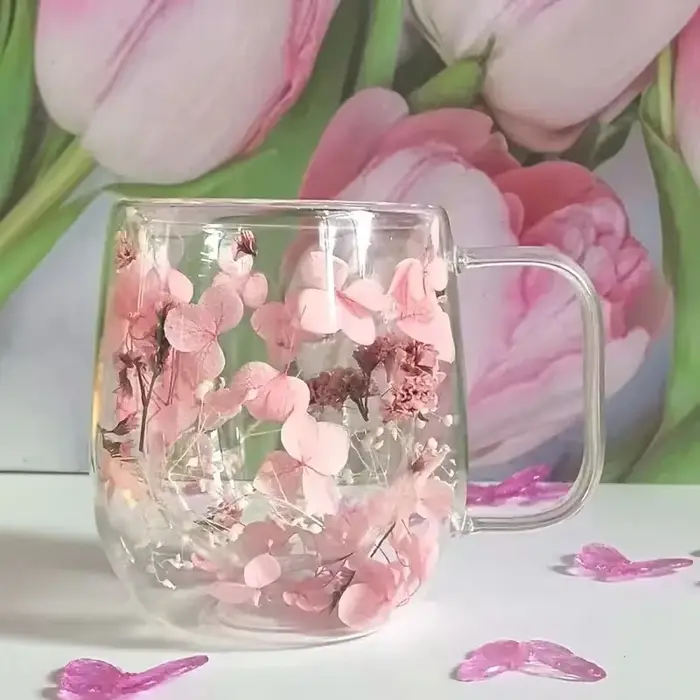 (PLUM) 1 tasse à café en verre à double paroi avec un véritable motif de fleurs à l'intérieur