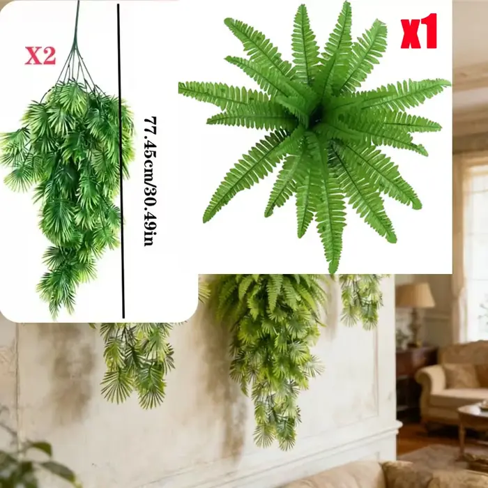 Ensemble de 3 plantes suspendues artificielles : fougère de Boston à feuilles larges et herbe Carex