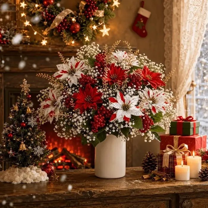 Bouquet de poinsettia artificiel résistant aux UV, baies rouges réalistes, bouquet floral de poinsettia, pommes de pin, feuilles luxuriantes