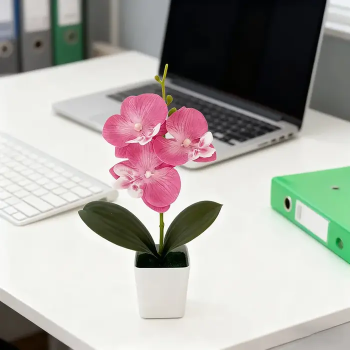 Nouvelle Décoration Florale Artificielle en Pot de Céramique avec Trois Orchidées Papillon pour Café