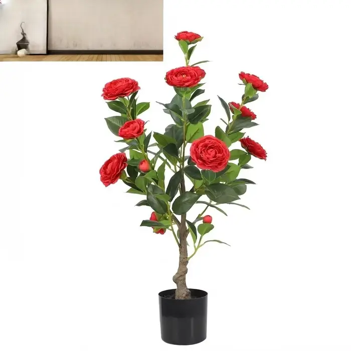 Arbre de camélia artificiel simulé en soie rouge |   Décorations de fenêtre de jardin et de magasin 