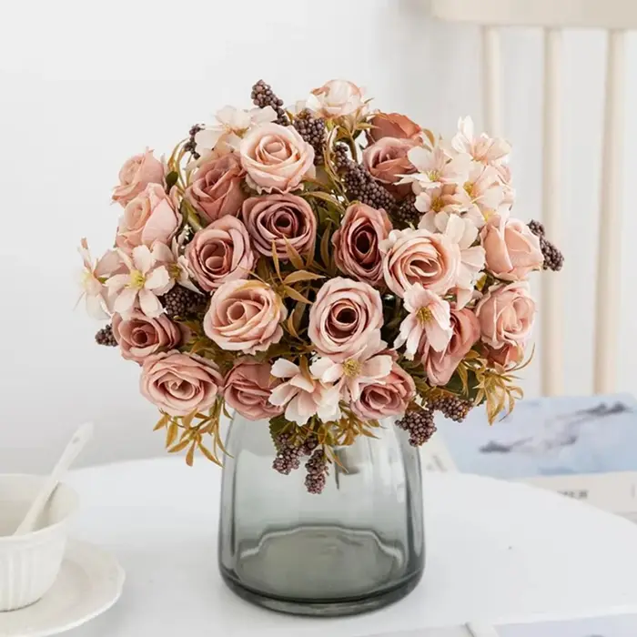 Fleurs artificielles Soie Rose Noël Maison Vase Décor Bonsaï De Mariage Bouquets De Mariée Cour Festival Fête Bricolage Cadeau Vente Chaude