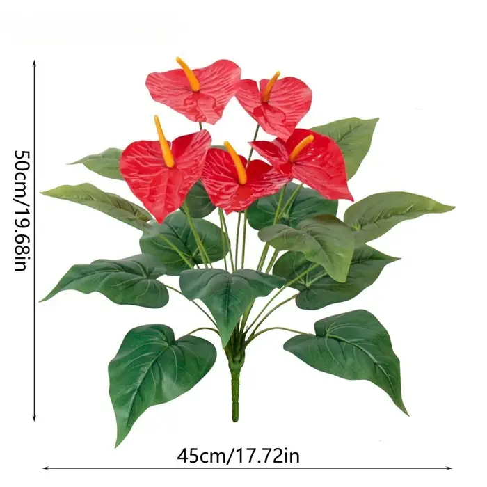 Anthurium artificiel à 18 têtes, 50cm, plante en plastique rouge vert pour jardin extérieur, porche,