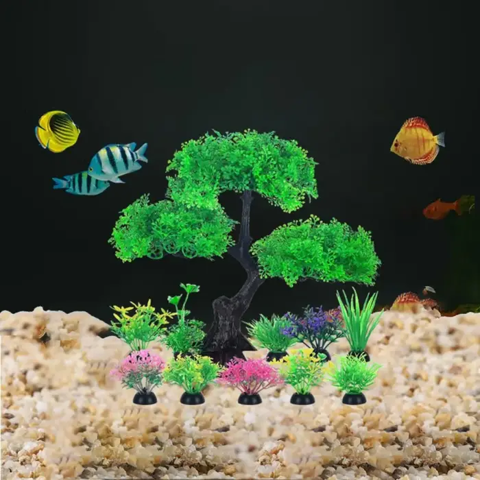 Plantes artificielles en plastique pour aquarium, plantes sous-marines réalistes, arbre à fleurs de cerisier, herbe aquatique de simulation amusante