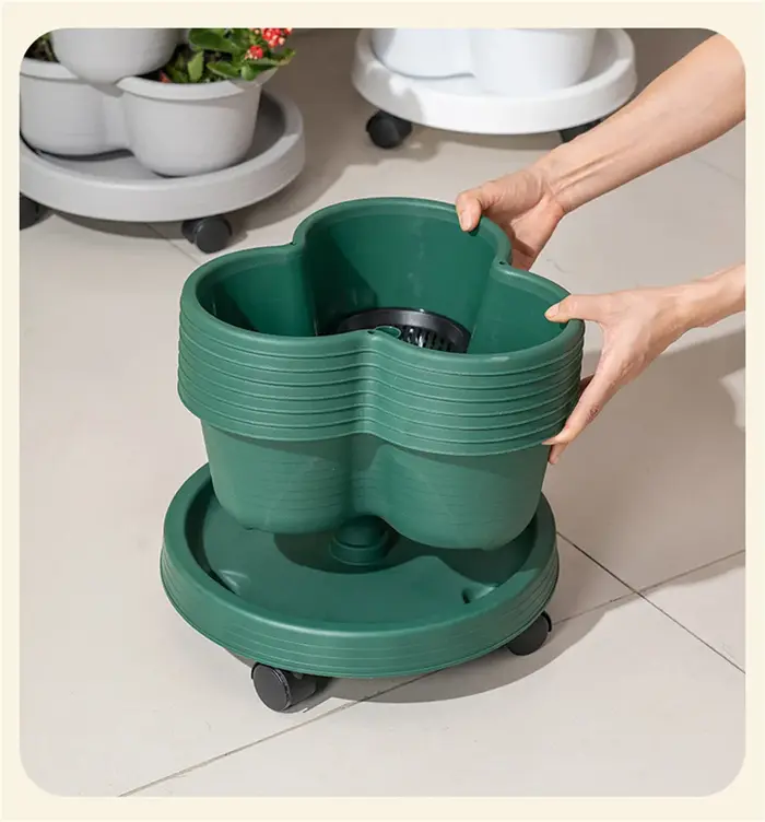 Nouveau pot de fleurs vertical empilable en plastique avec roulettes mobiles