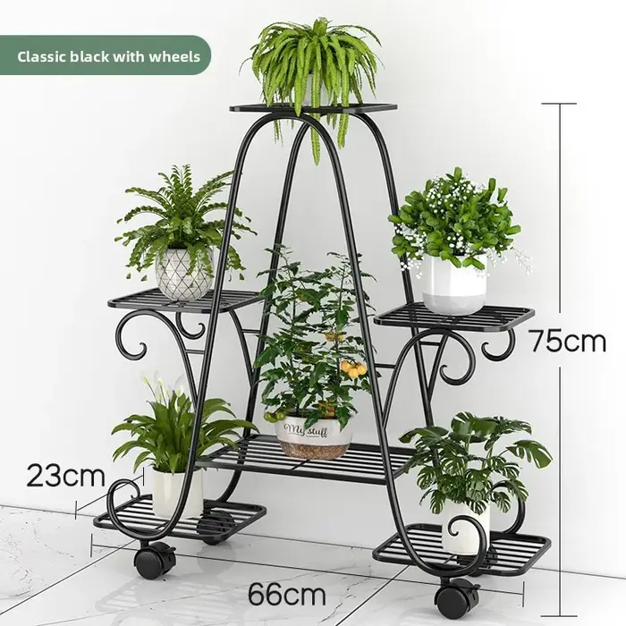 Support de fleurs en fer forgé, support de pot de fleur domestique mobile multicouche du sol au plafond