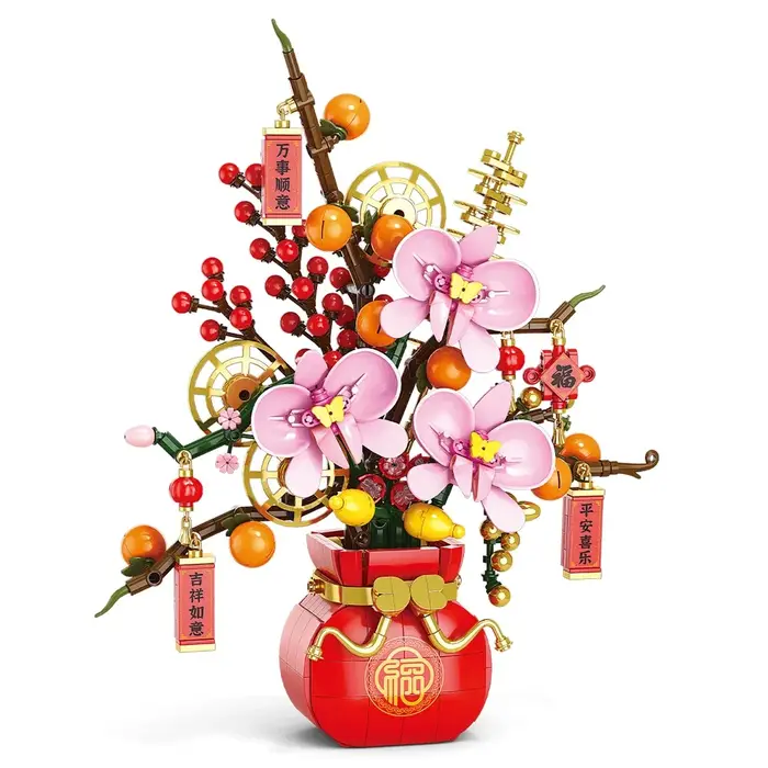 Ville créativité Bouquet de fleurs fleur de prunier bonsaï plante en pot blocs de construction modèle décoration de la maison jouet pour enfants cadeau ﻿