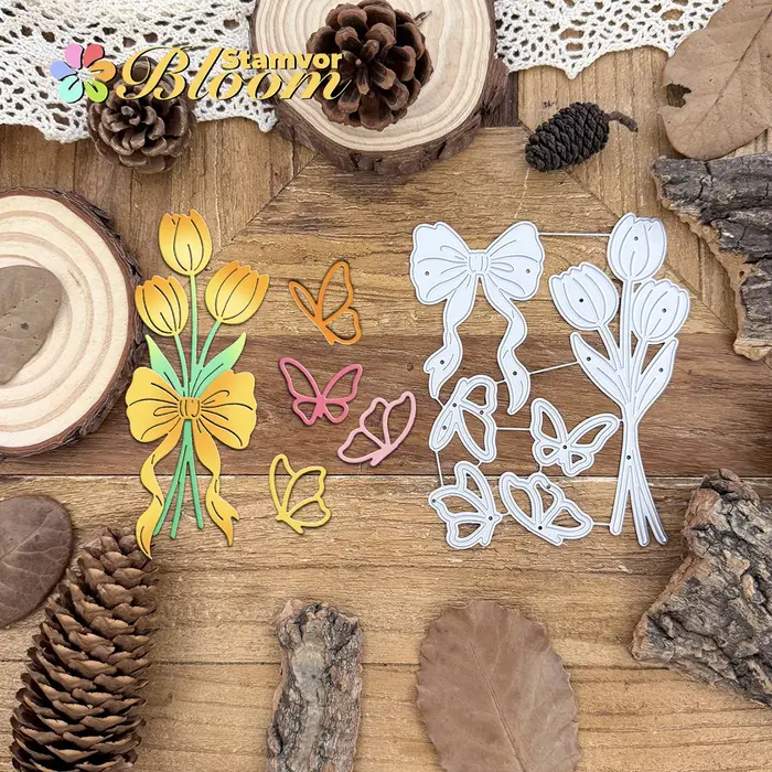Joli Bouquet de fleurs de tulipes Original, avec nœud et papillons, matrices de découpe en métal, ga
