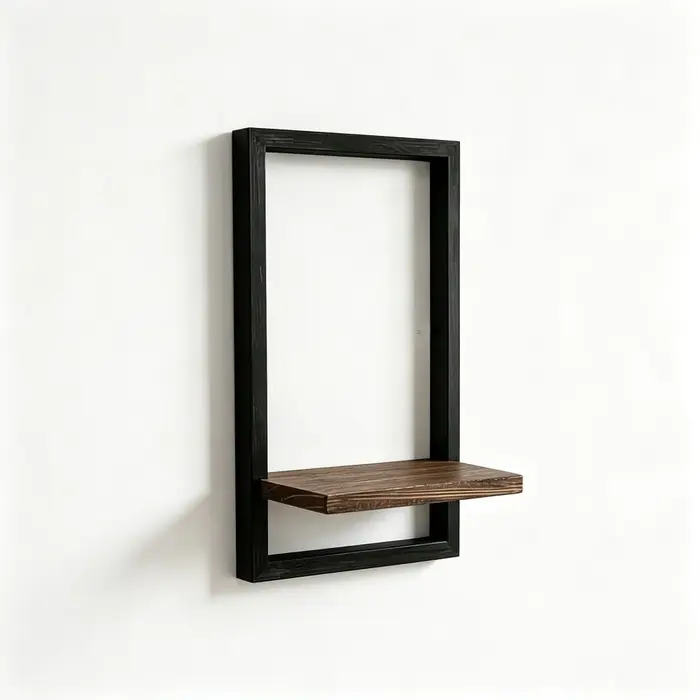 Étagère murale flottante en bois avec cadre noir rectangulaire, support de présentation pour bougies
