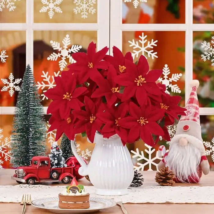 4 pièces de fleurs artificielles de poinsettia, 7 têtes de poinsettia en velours, 13,4 pouces, fleurs de Noël artificielles, poinsettia artificiel
