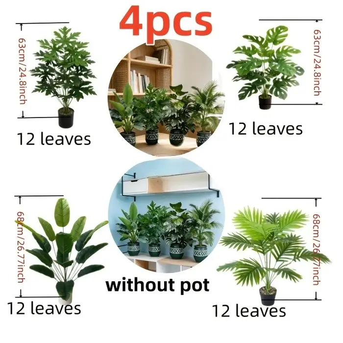 Lot de 4 grandes plantes artificielles Areca Palm avec 48 feuilles, plantes tropicales en pot, idéal