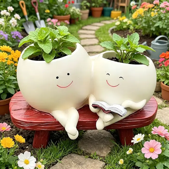 Pot de fleurs en résine mignon pour plantes succulentes, décoration intérieure et extérieure, pot à double tête, décoration de bureau unique