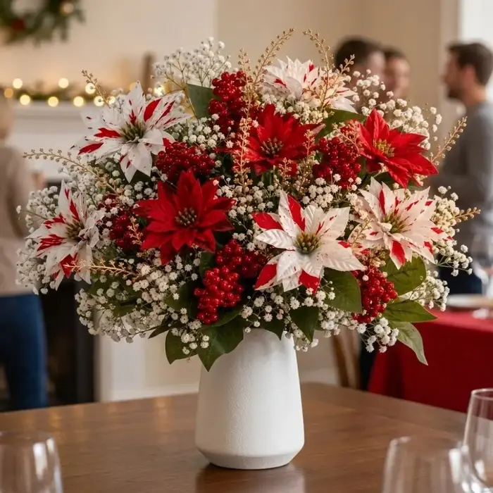 Bouquet de poinsettia artificiel résistant aux UV, baies rouges réalistes, bouquet floral de poinsettia, pommes de pin, feuilles luxuriantes