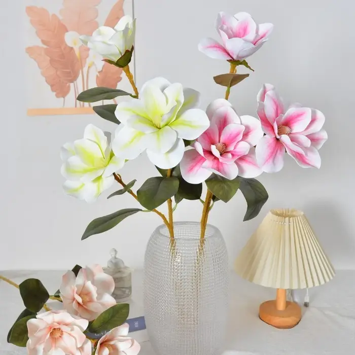4/5 pièces de fleurs artificielles de magnolia à 3 branches