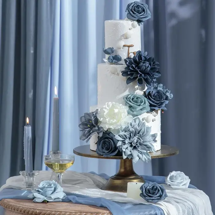 Yannew 20 pièces fleurs de Dahlia artificielles bleu poussiéreux avec tige boîte combinée pour bricolage fête de mariage Arrangement Floral pièce maîtresse décor