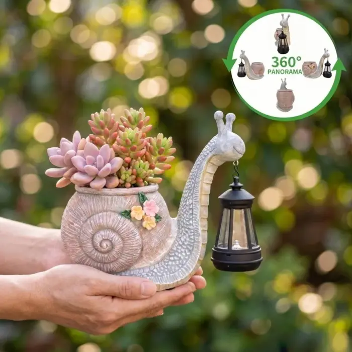 Statue de Escargot en Résine, Pot de Plantes Écologique Résistant au Soleil, Pot de Fleurs Décoratif en Résine avec Lumière LED Chaude, Vase de Jardin